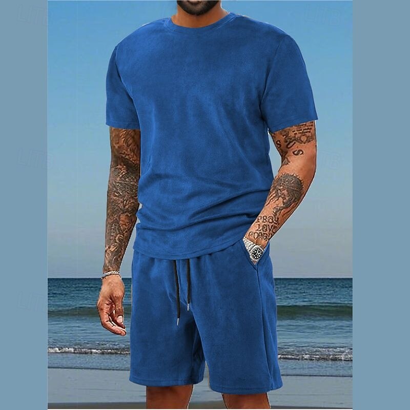 Men's T-shirt Suits 2 Pieces Outfits Tee & Shorts Short Sleeve Crewneck Summer Solid / Plain Color Fashion Casual 2 Piece Vacation Daily Wear Going out Dark Blue Wine Royal Blue Top Tee for Men2