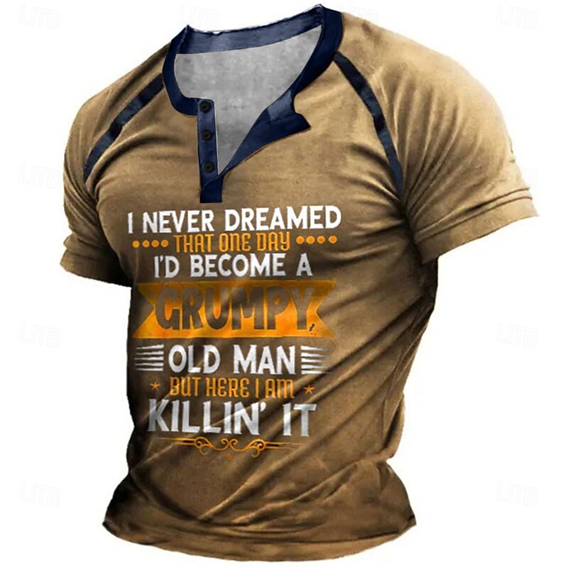 Birthday Mens Graphic Shirt Henley Tee Color Block Letter Clothing Apparel 3D Print Outdoor Casual Short Sleeve Patchwork Button Down Fashion Designer T-Shirt Black Cotton Grumpy Old Man Button-Down4