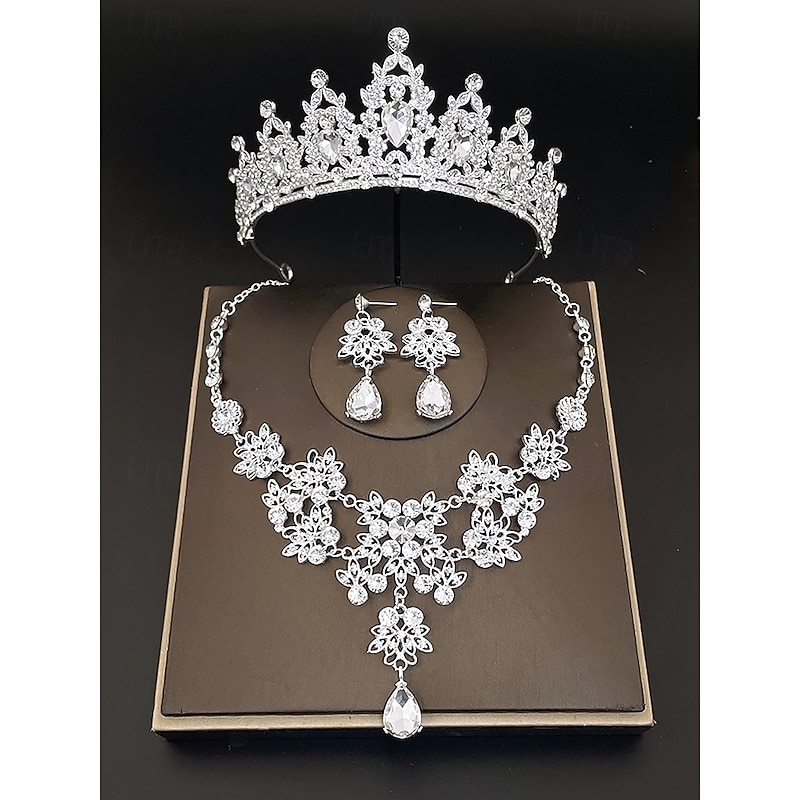 Women's Silver Rhinestone Tiara and Jewelry Set – Elegant Necklace, Earrings, and Crown for Weddings, Pageants and Special Occasions