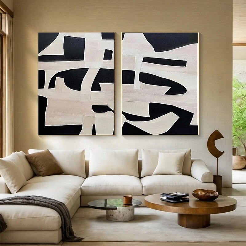 Black and White oil painting handmade Wall Art Set of 2 Beige Abstract Painting on Canvas hand painted Beige Texture  mordern painting Wall Art Neutral Abstract painting Wall Art Boho Wal Decor2