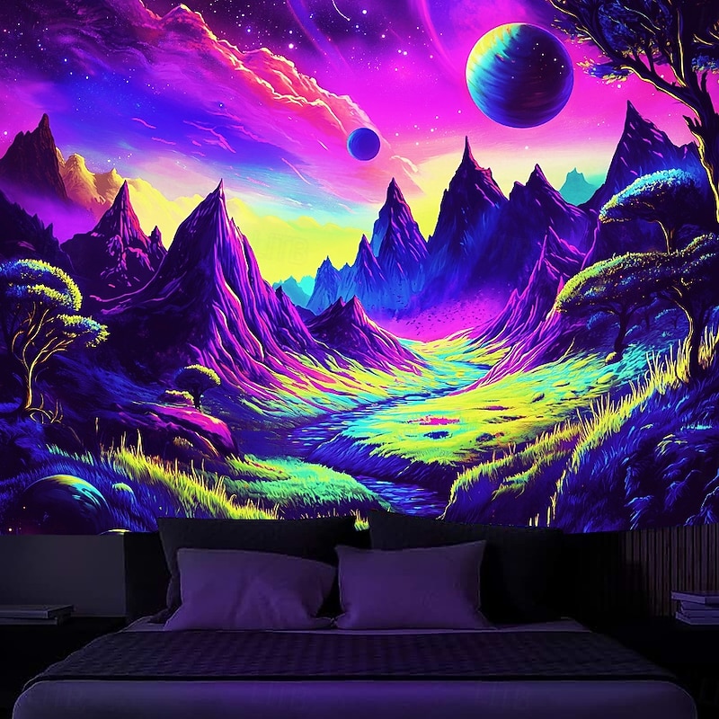 Blacklight Tapestry Glow in the Dark Glow Party UV Reactive Trippy Misty Mountain Nature Landscape Hanging Tapestry Wall Art Mural for Living Room Bedroom