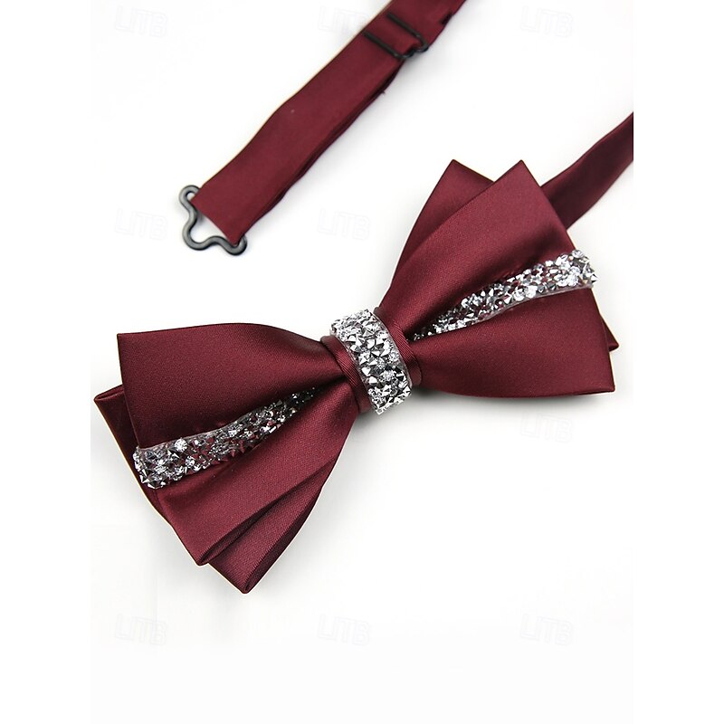 Burgundy Satin Bow Tie with Crystal Embellishment – Elegant Men's Formal Accessory for Weddings, Parties, and Special Events