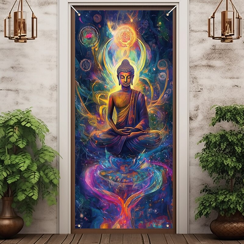 Blacklight Door Decorations Door Covers Glow in the Dark Buddha Mandala Door Tapestry Door Curtain Decoration Backdrop Indoor/Outdoor Door Banner for Front Door Farmhouse3