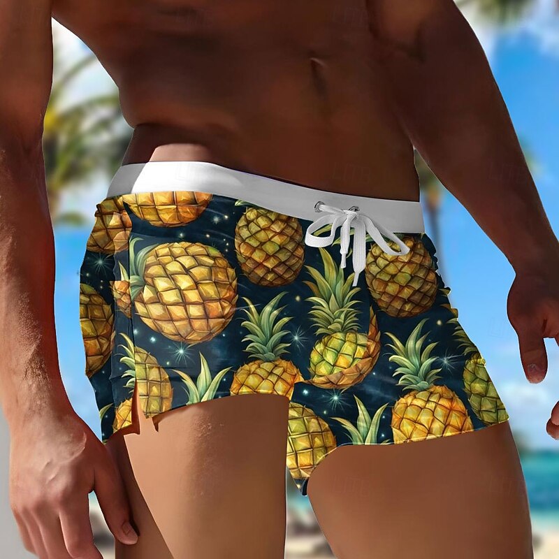 Men's Fruit Pineapple Swim Trunks Swim Shorts Board Shorts Mid Waist 3D Print Hawaiian Surfing Holiday Beach Drawstring with Mesh lining Elastic Waist Designer Clothing Apparel3