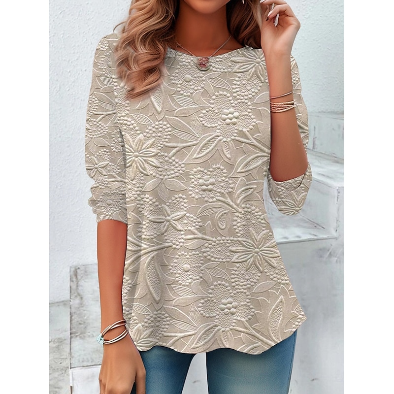Women's T shirt Long Sleeve Top 3D Print Floral Casual Regular Tops Daily Print Silver Pink Sky Blue Khaki Spring Fall Prefall