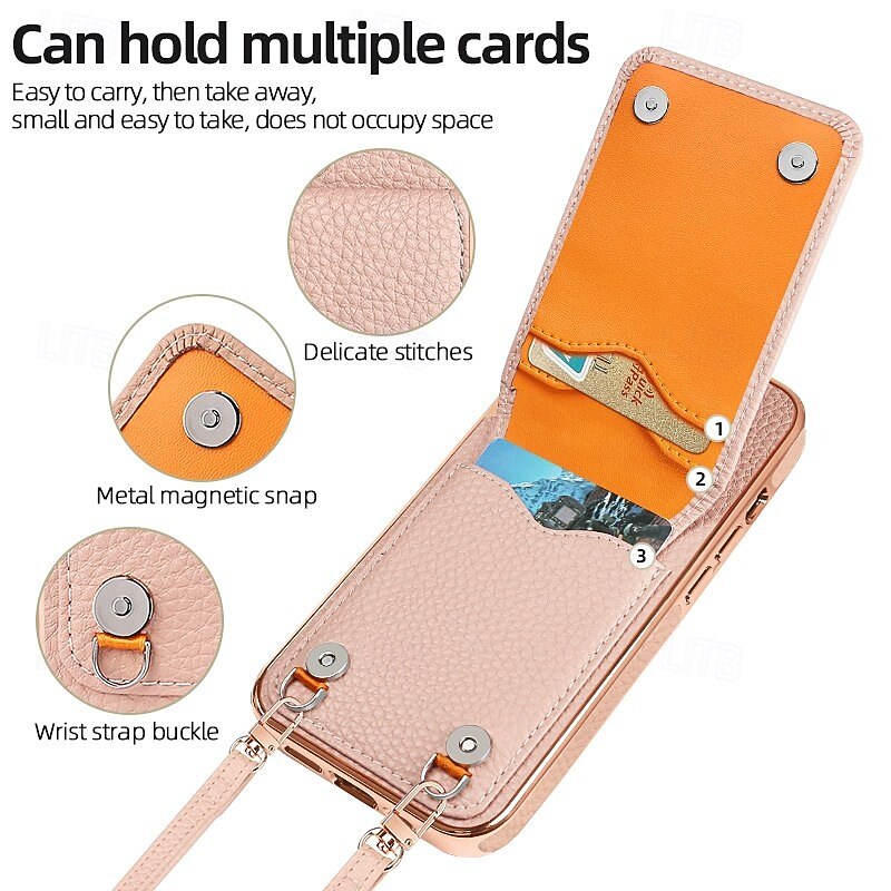 Phone Case For iPhone 16 15 14 Pro Max Plus 13 Pro Max Back Cover with Stand Holder Magnetic with Lanyard Retro Plating PU Leather3