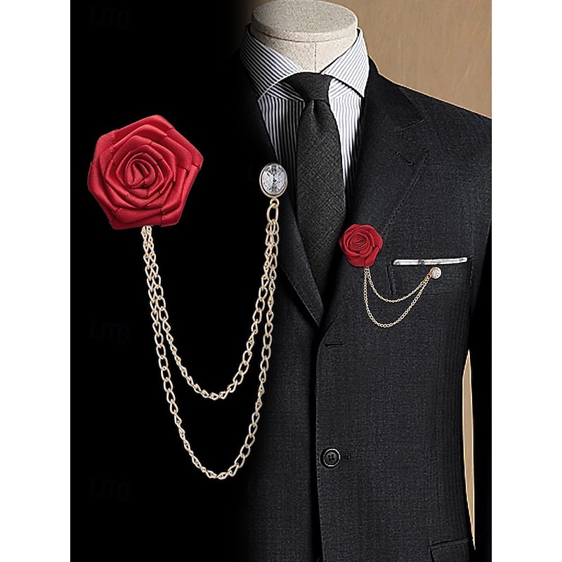 Red Rose Lapel Pin with Gold Chain – Elegant Men's Accessory for Suits and Tuxedos – Perfect for Weddings, Formal Events and Special Occasions4