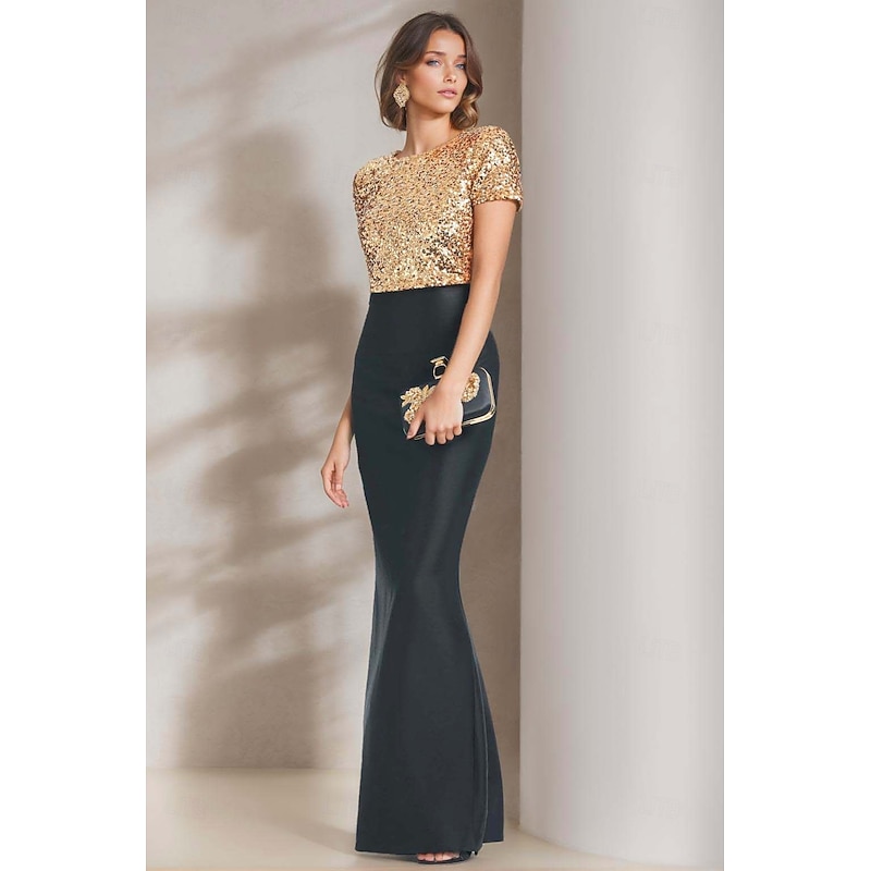 Mermaid / Trumpet Evening Gown Elegant Dress Formal Evening Party Floor Length Short Sleeve Crewneck Satin with Glitter