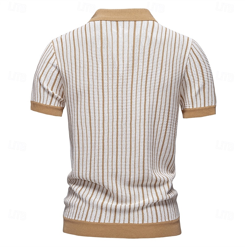 Men's Polo Knit Polo Sweater Formal Work Turndown Short Sleeve Striped Vertical Stripes Stripe-Trim Stripe Spring Green Khaki Polo2