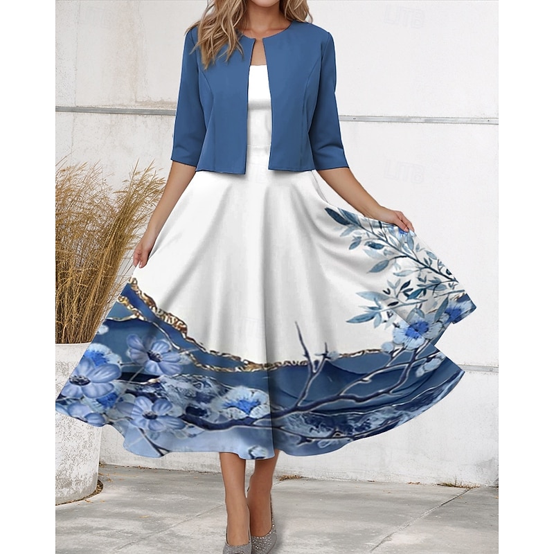 Women's Two Piece Dress Sets Midi Dress with Jacket Elegant A Line Dress Half Sleeve Casual Dress Chiffon Dress Swing Dress Wedding Daily Regular Fit Floral V Neck Blue Fall