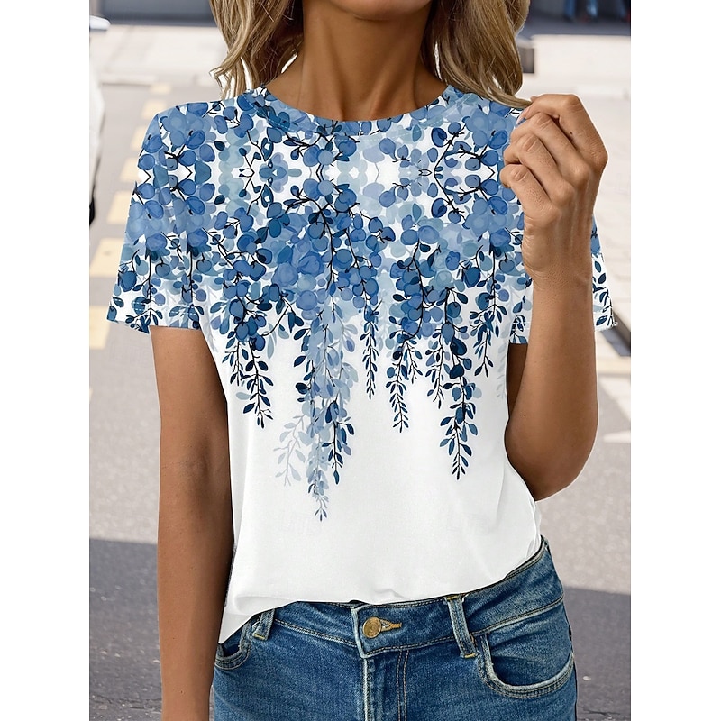 Women's T Shirt Floral Casual Short Sleeve Round Neck Regular Tops Daily Print Blue Summer