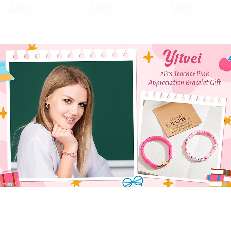 Teacher Appreciation Gift for Women, 2pcs Beaded Teacher Bracelets with Card & Gift Box Thank You Teacher Gifts from Student, for Christmas Valentines End of The Year3
