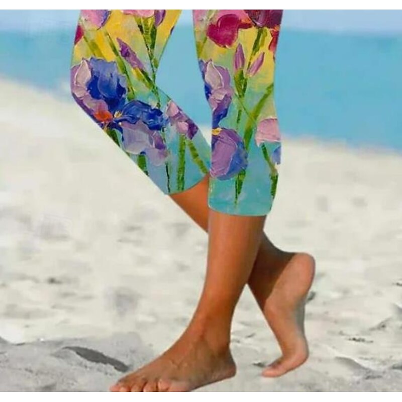 Women's Leggings Capri Pants High Elasticity Vacation Fashion Hawaiian Ankle-Length Mid Waist Floral Printing Thermal Warm Breathable Soft  Vacation Casual Daily Light Yellow Summer Spring3