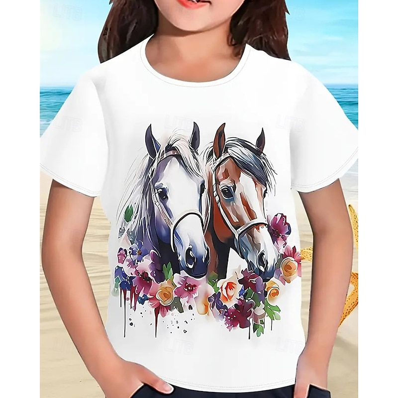 Girls' 3D Graphic Horse T shirt Tee Short Sleeve Summer Spring Fashion Basic Kids 4-12 Years Crew Neck Outdoor Casual Daily Regular Fit