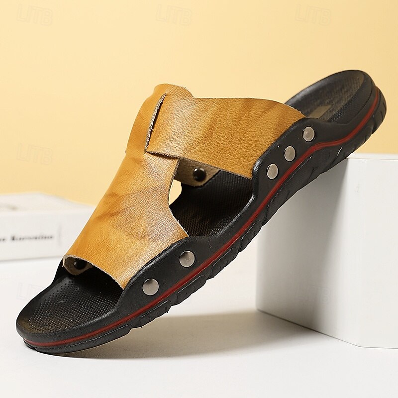 Men's Casual Yellow Leather Slip-On Sandals with Studded Details, Comfortable Outdoor Footwear for Summer