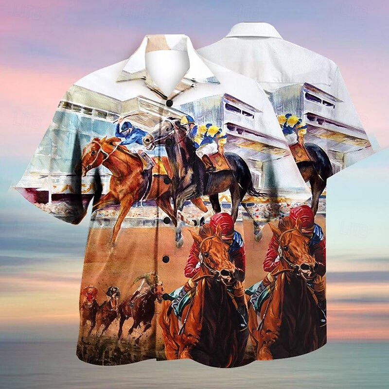 Kentucky Derby Men's Horse Racing Shirt Cuban Collar Shirt Short Sleeve Vintage Retro Vacation Holiday Festival Summer Spring Camp Collar Shirt 3D Print Funny Kentucky Derby Shirts White2