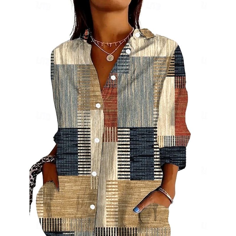 Women's Shirt Button Down Tunic Shirt Collar Long Sleeve Graphic Plaid Daily Stylish Retro Vintage 3/4 Length Sleeve Regular Tops Daily Holiday Going out s Khaki Spring2
