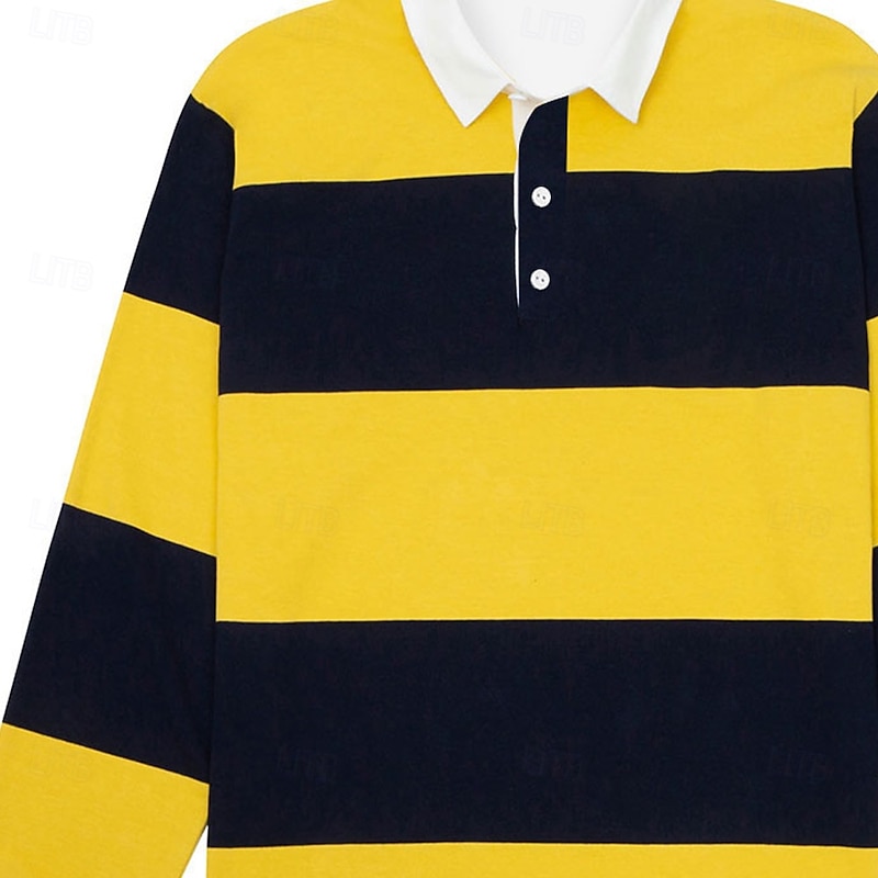 Men's Stripes Rugby Polo Long Sleeve Polo Shirts Collared Shirts Casual School Outdoor Athleisure 3D Print Spring Fall Yellow2
