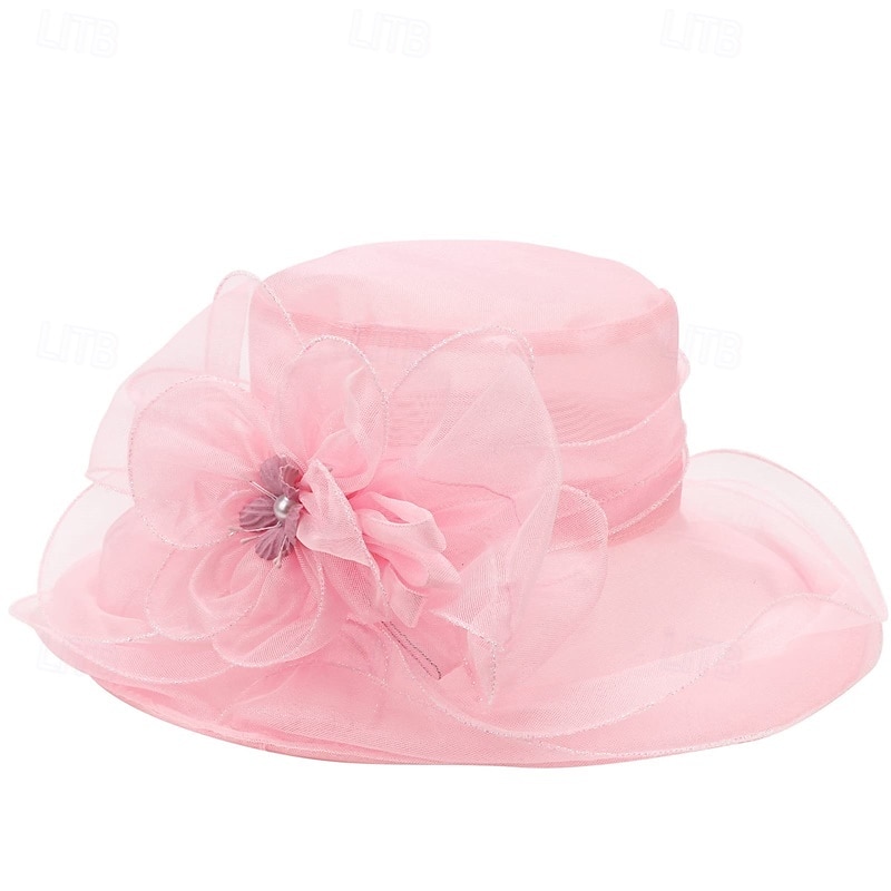Women Organza Hat Church Cap Hats Cocktail Tea Party Wedding Bridal Flower Hat with Wide Brim4