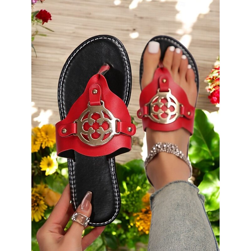Red Flat Slide Sandals for Women – Stylish Open Toe Design with Metallic Buckle Detail – Comfortable Summer Shoes for Beach, Vacation, and Casual Wear