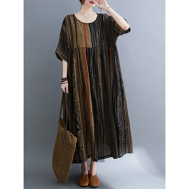 Women's Maxi Dress Cotton Linen Dresses Casual Dress Basic Casual Vacation Daily Regular Fit Graphic Short Sleeve Crew Neck Dark Brown Burgundy Summer