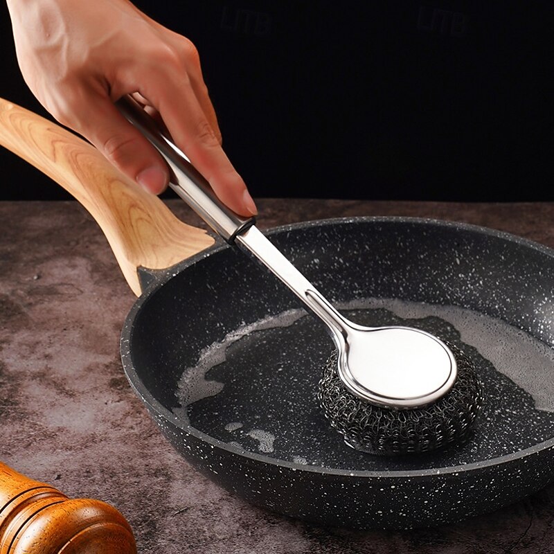 Stainless Steel Pot Brush with Long Handle, Multifunctional Kitchen Artifact Cleaning Pots and Bowls, Stainless Steel Pot Brush, Universal Steel Brush for Pots, Pans, Grills, Sink