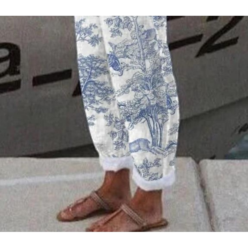 Women's Cotton Linen Pants Baggy Pants Linen Like Active Vintage Fashion Full Length High Waist Floral Graphic Animal Printing Thermal Warm Breathable Soft Micro-elastic Outdoor Daily Silver3