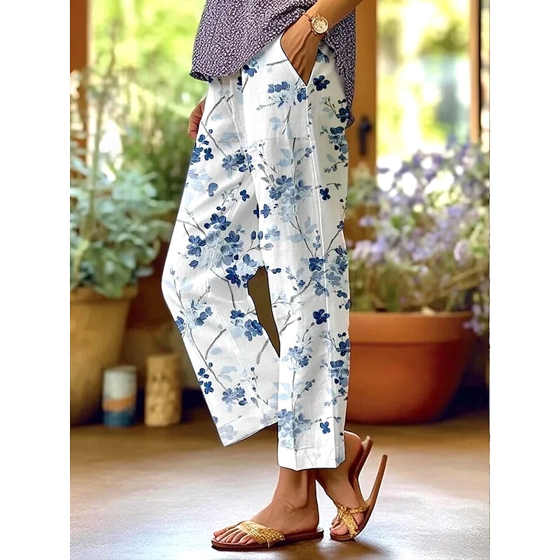 Women's Cotton Linen Pants Baggy Pants Linen Like Elegant Vintage Fashion Full Length High Waist Floral Leaf Printing Breathable Soft Micro-elastic Outdoor Daily Linen Like Sky Blue And White