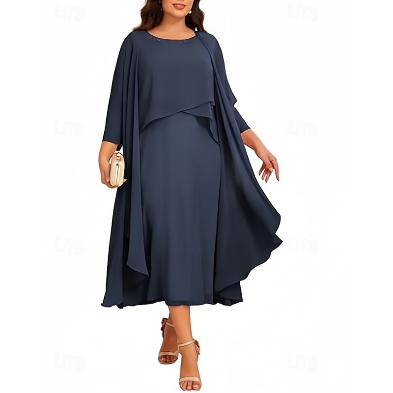 Two Piece A-Line Mother of the Bride Dress Elegant Vintage Jewel Neck Tea Length Chiffon 3/4 Length Sleeve with Beading4