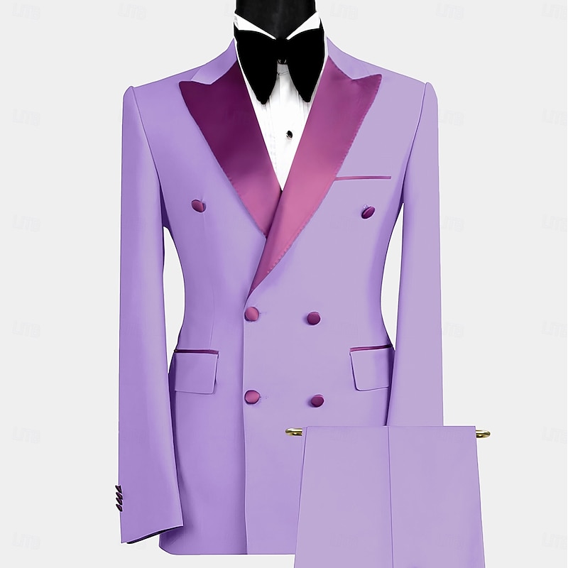 Men's Wedding Party Party Suits Sky Blue Purple Luxury Formal Solid Colored Standard Fit 2 Piece Double Breasted Six-buttons4