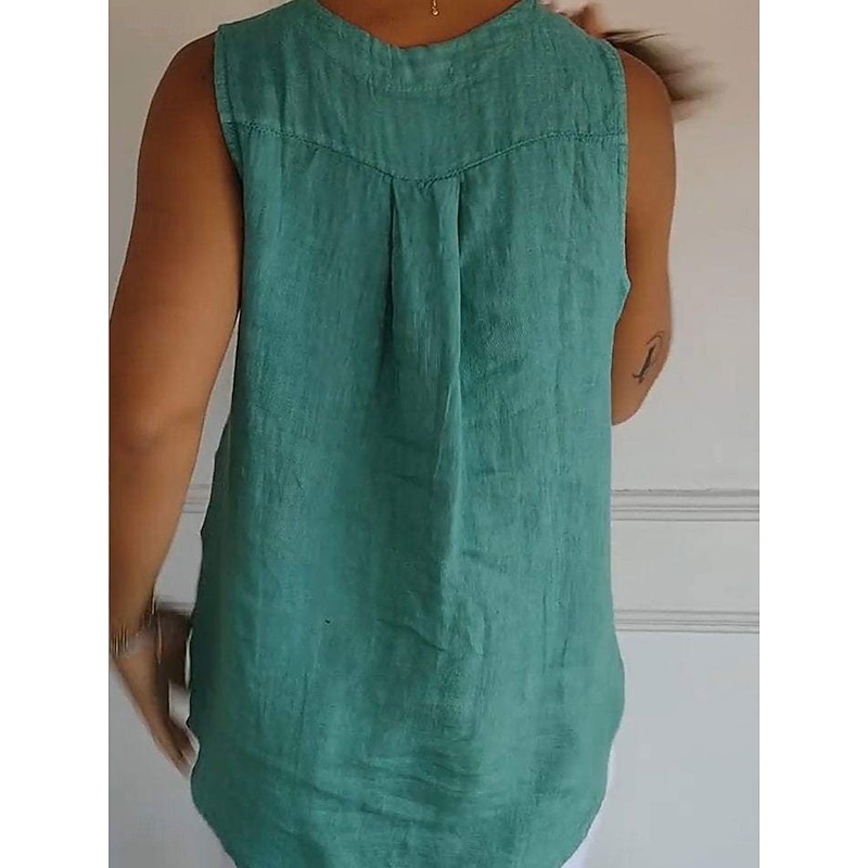 Women's Shirt Button Up Cotton Linen Shirt Blouse Solid Color Elegant Daily Stylish Sleeveless V Neck Regular Tops Daily Holiday Going out Patchwork White Navy Blue Green Khaki Summer Spring4