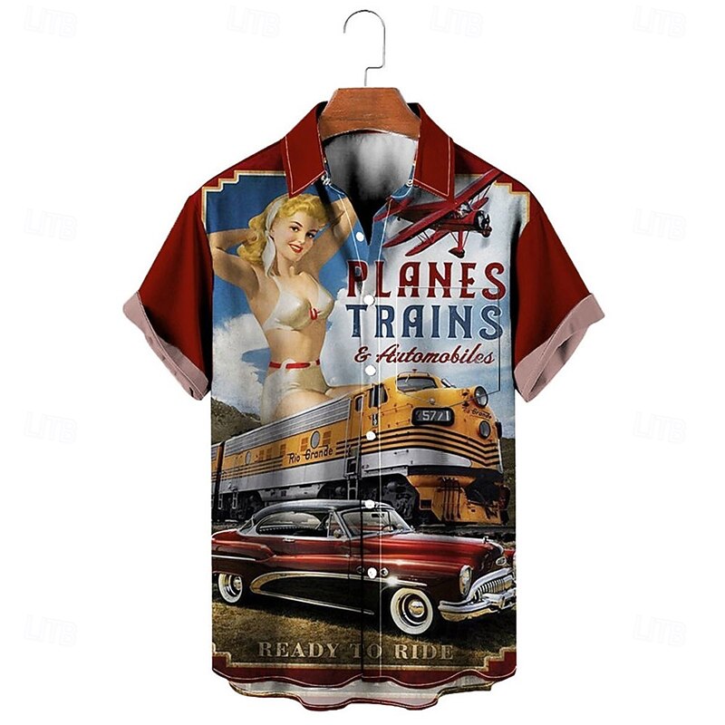 Men's Car Pin Up Girl Shirt Summer Hawaiian Shirt Aloha Shirt Short Sleeves Shirt Turndown Fashion Designer Casual Outdoor Street Casual Wine Blue S M L4