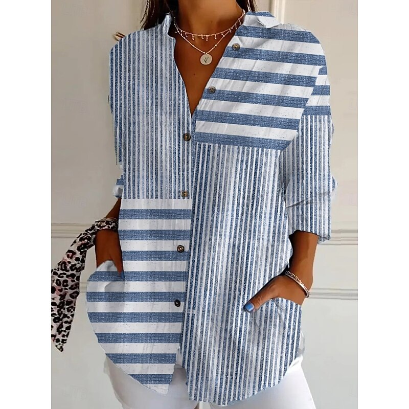 Women's Shirt Button Down Tunic Shirt Collar Long Sleeve Graphic Geometric Striped Daily Stylish Retro Vintage Regular Tops Daily Holiday Going out s Light Blue Spring