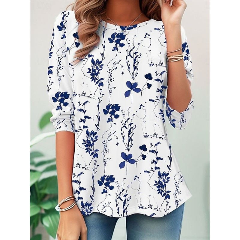 Women's T shirt Long Sleeve Crew Neck Long Sleeve Tunic Floral Casual Regular Tops Daily Print Blue Spring Fall Prefall