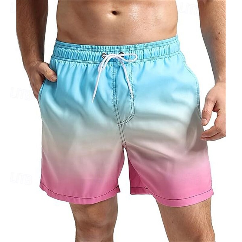 Men's Swim Trunks Swim Shorts 4-Way Stretch Fabric Board Shorts Bottoms Drawstring with Pockets Swimming Surfing Beach Water Sports Gradient Summer Spring