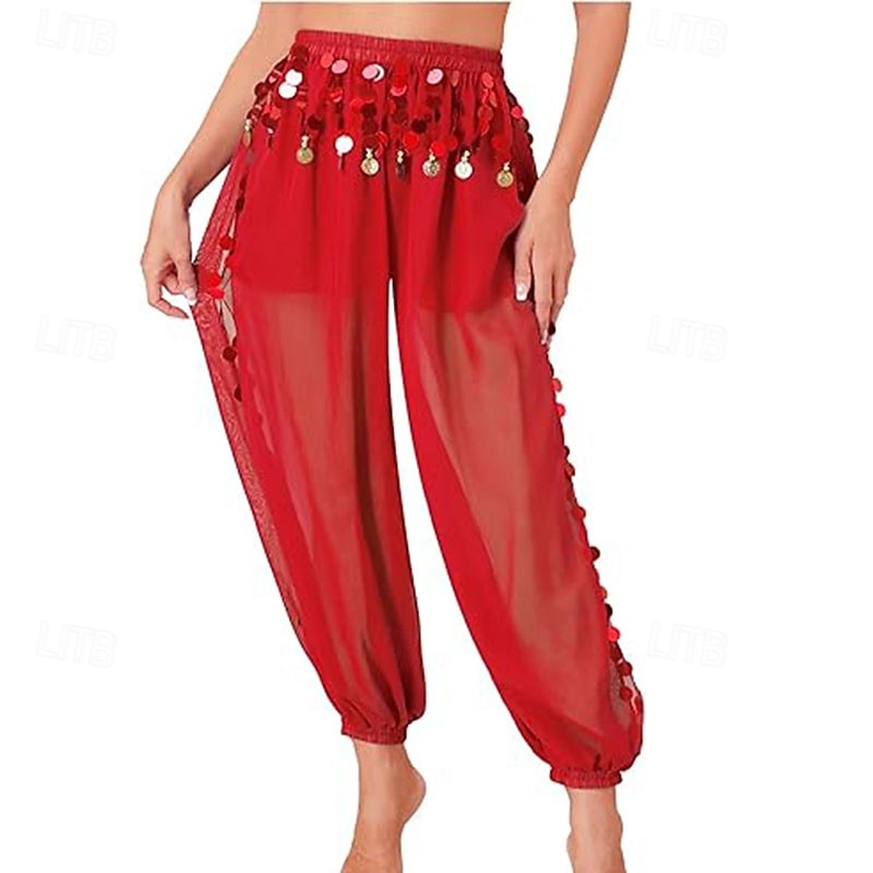 Women's Belly Dance Costume Coin Lantern Pants Side Split Sequin Shiny Harem Pants Arabic Halloween Trousers4