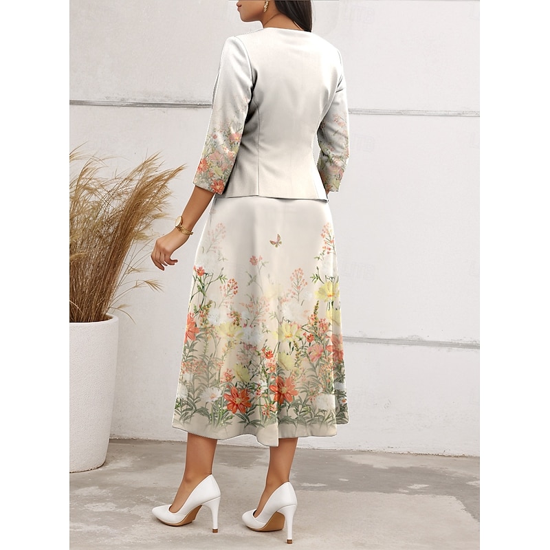 Women's Two Piece Dress Sets Midi Dress with Jacket Elegant A Line Dress Half Sleeve Casual Dress Chiffon Dress Swing Dress Floral Print V Neck Date Beige Spring Regular Fit3