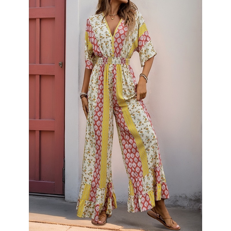 Women's Normal Jumpsuit Holiday Floral 3/4 Length Sleeve V Neck High Waist Vacation Daily Regular Fit Yellow Summer