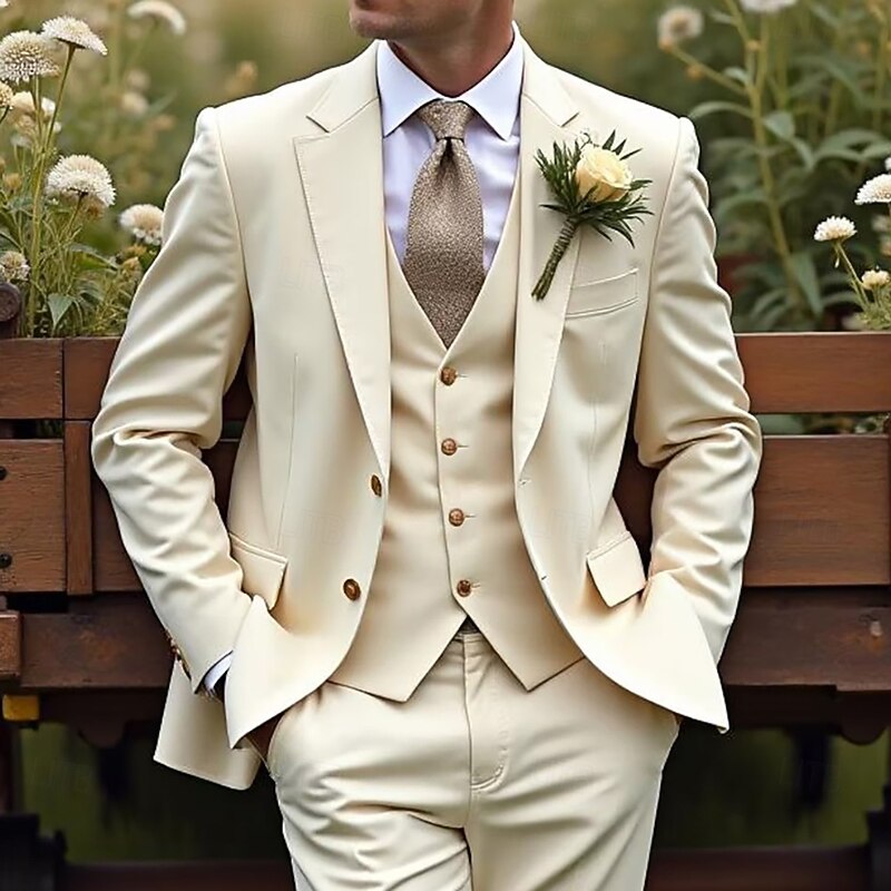 Men's Wedding Party Suits Notch Lapel Champagne Party Business Solid Colored Standard Fit 3 Piece Single Breasted Two-buttons3