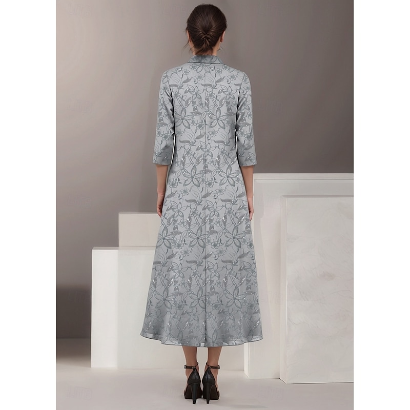 Two Piece Mother of the Bride Dress Elegant Vintage Shirt Collar Tea Length Chiffon 3/4 Length Sleeve Floral Lace Jacket Dresses2