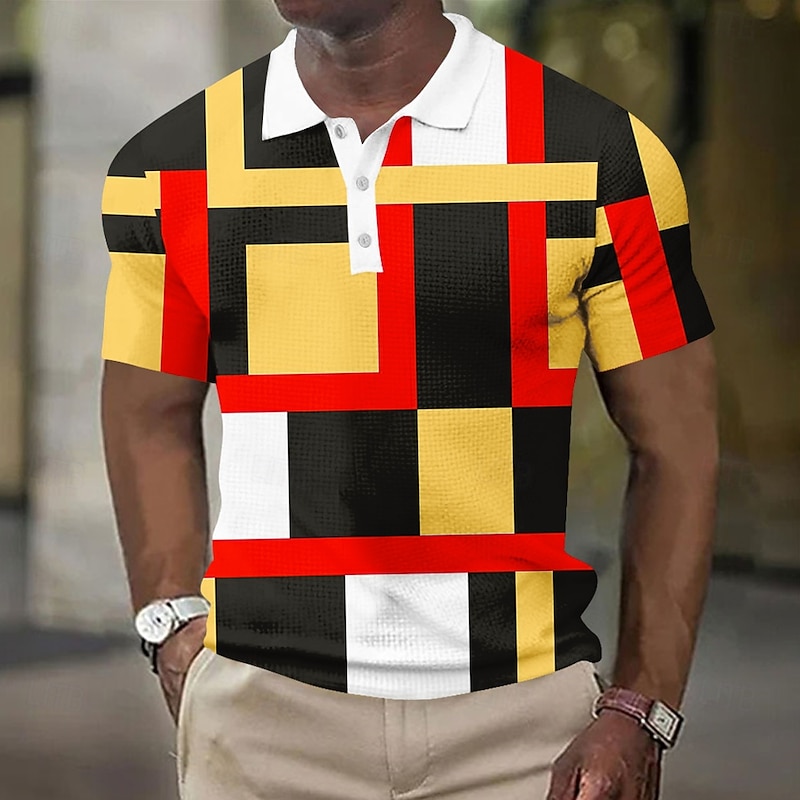 Men's Geometic Waffle Polo Shirts Short Sleeve Polo Shirts Collared Shirts Business Casual Athleisure Wear to work Daily Wear Buttons 3D Print Summer Red Blue Sky Blue
