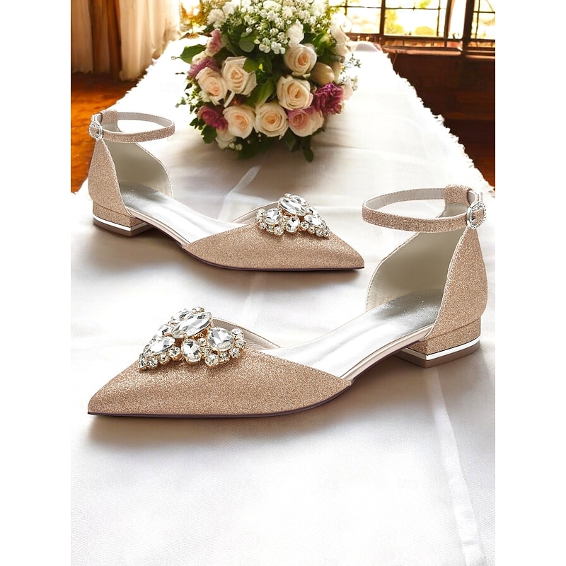 Glamorous Wedding Flats for Women with Crystal Embellishment – Pointed Toe, Low Block Heel, Elegant Bridal Shoes for Special Occasions