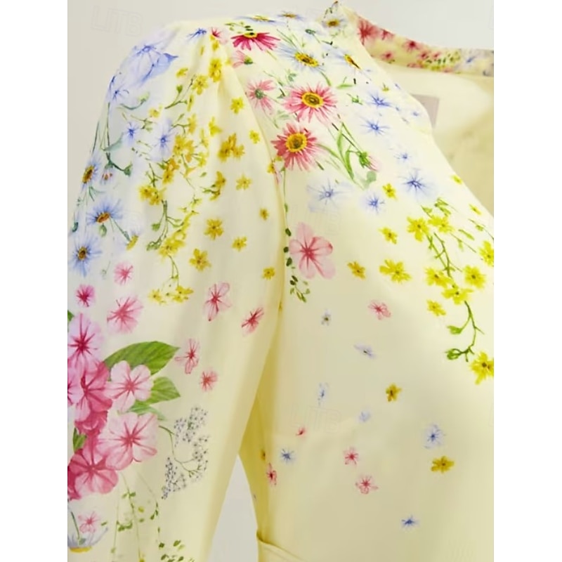 A-Line Mother of the Bride Dress Elegant Simple Minimalist V Neck Floral Print Floor Length Chiffon Long Sleeve with Covered Buttons Race Day Dress Wedding Guest Dress4