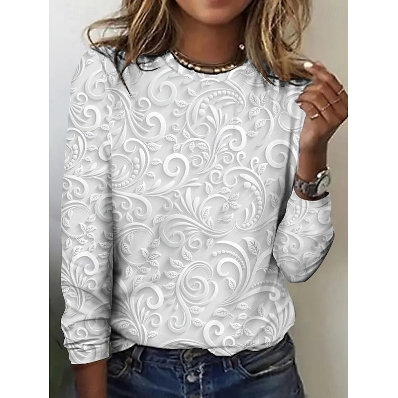 Women's T shirt Long Sleeve Crew Neck Long Sleeve Tunic 3D Print Floral Elegant Vintage Regular Tops Daily Going out Weekend Print Pearl Prefall