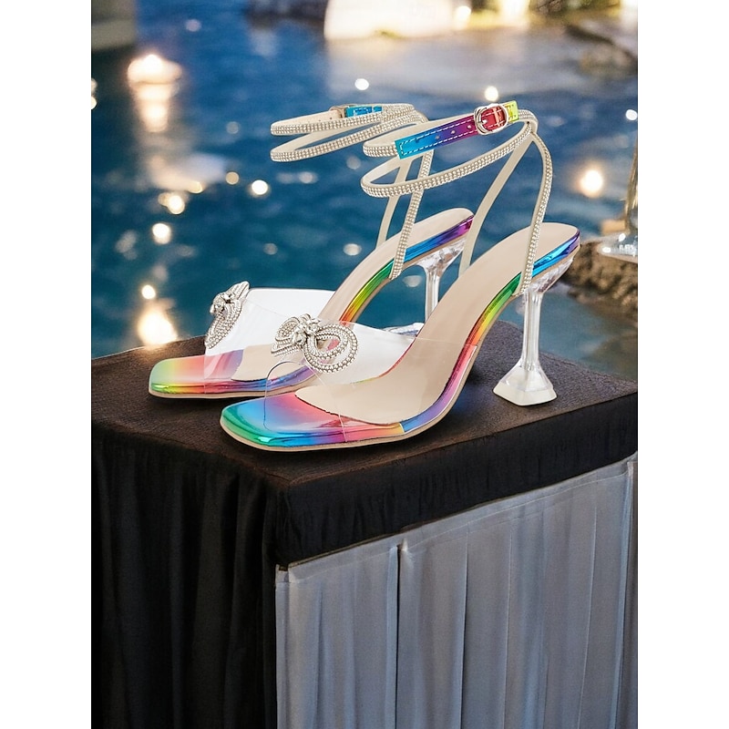 Rainbow Clear Heels with Crystal Bow Detail - Colorful High Heel Sandals for Women - Ideal for Special Occasions