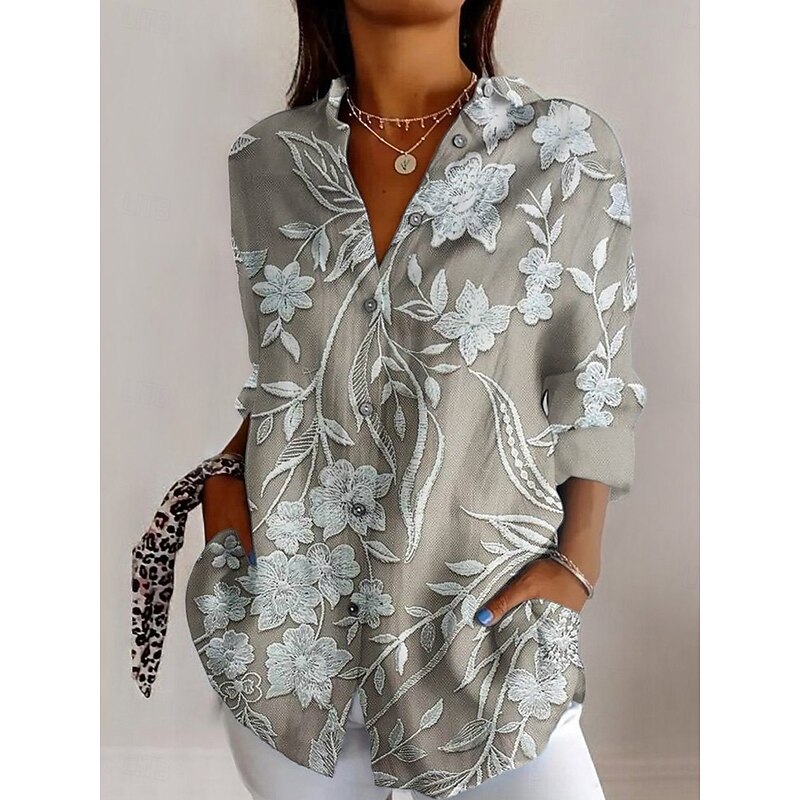 Women's Shirt Button Down Tunic Shirt Collar Long Sleeve 3D Print Floral Graphic Daily Stylish Retro Vintage Regular Tops Daily Holiday Going out s Camel Khaki Spring4