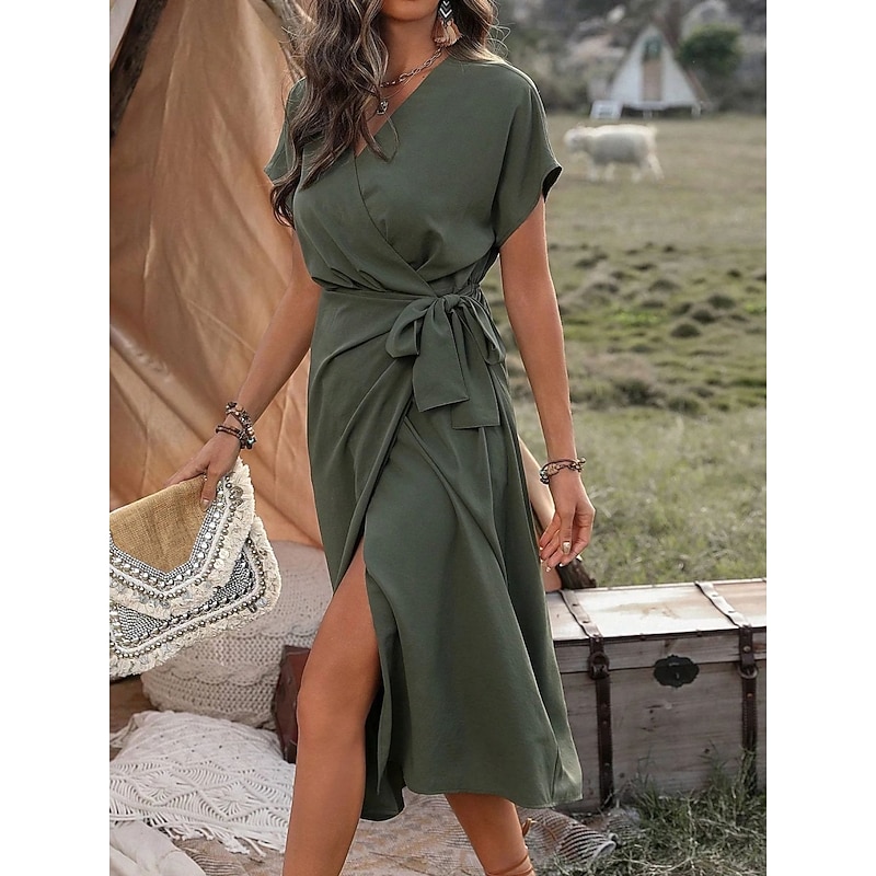 Women's Midi Dress Casual Dress Wrap Dress A Line Dress Basic Casual Vacation Daily Regular Fit Plain Short Sleeve V Neck Blue Brown Green Summer2