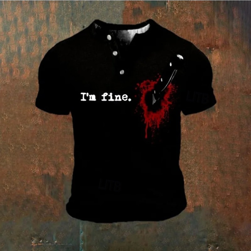 Men's Halloween Blood Splatter Funny Blood stains I'M FINE T Shirt Henley Shirt Short Sleeve Designer Retro Vintage Street Casual Daily Summer Spring Black White Gray Henley Henley T-Shirt2