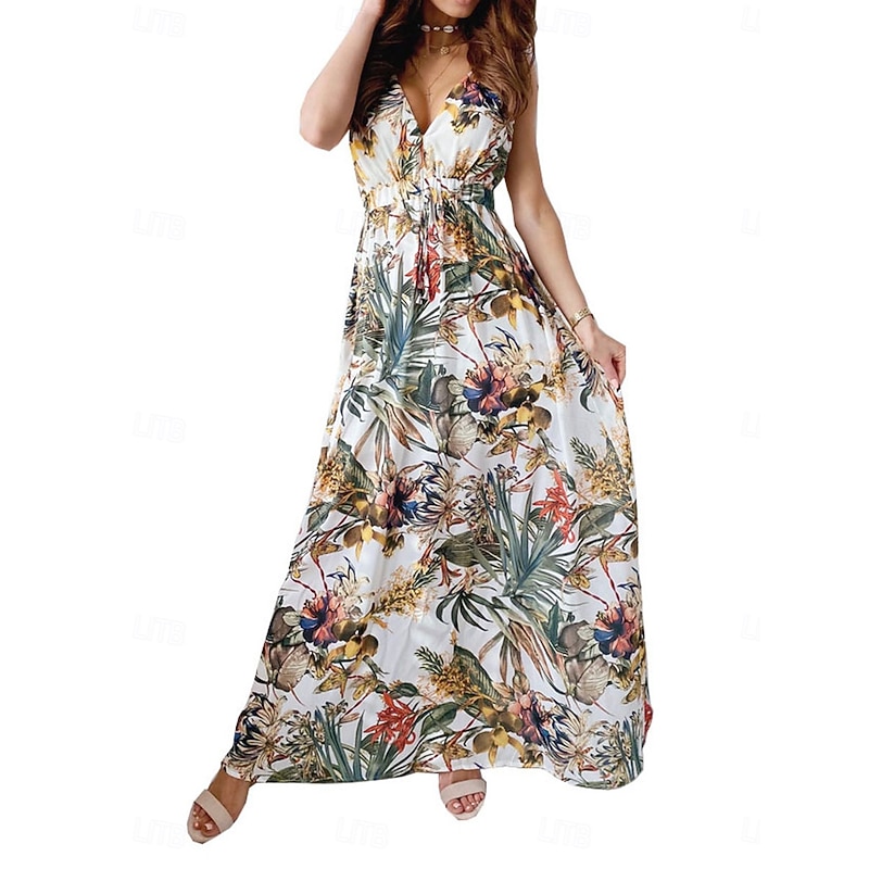 Women's Maxi Dress Casual Dress Stylish Casual Vacation Casual Daily Regular Fit Graphic Sleeveless V Neck Black White Blue Green Summer Spring2