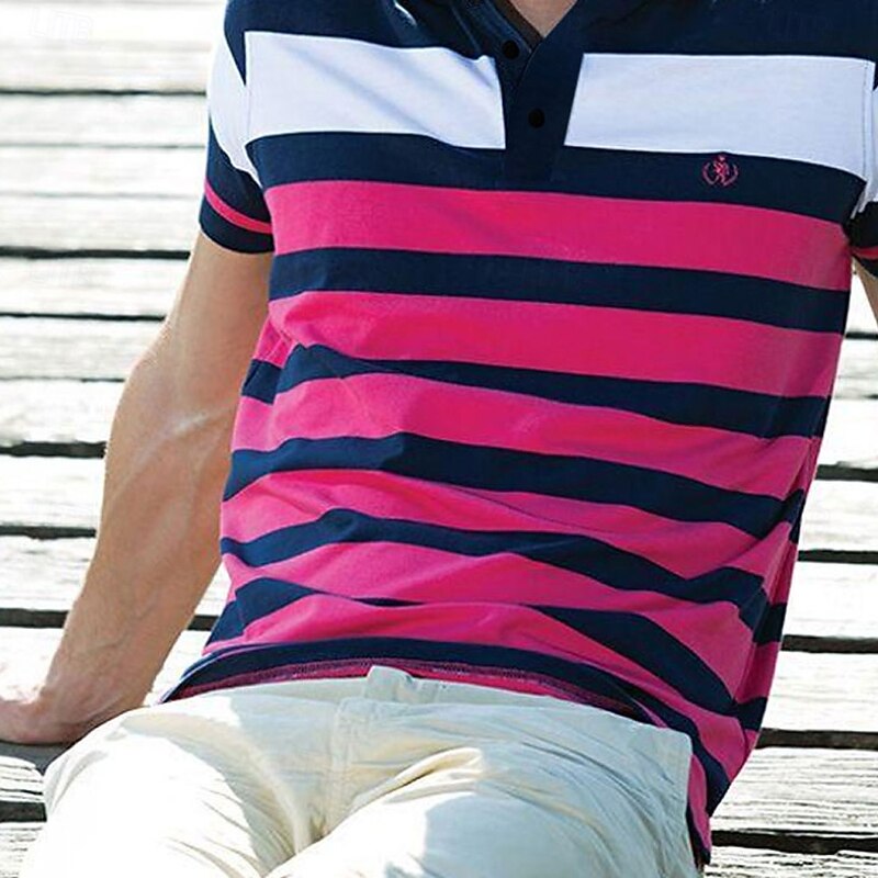 Men's Stripes Rugby Polo Short Sleeve Polo Shirts Collared Shirts Casual School Outdoor Sports Daily Wear 3D Print Summer Spring Fall Blue2